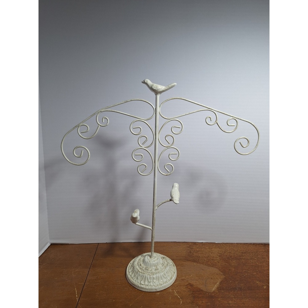 Shabby Chic Metal Bird Jewelry Stand Tree Necklace Organizer Distressed White